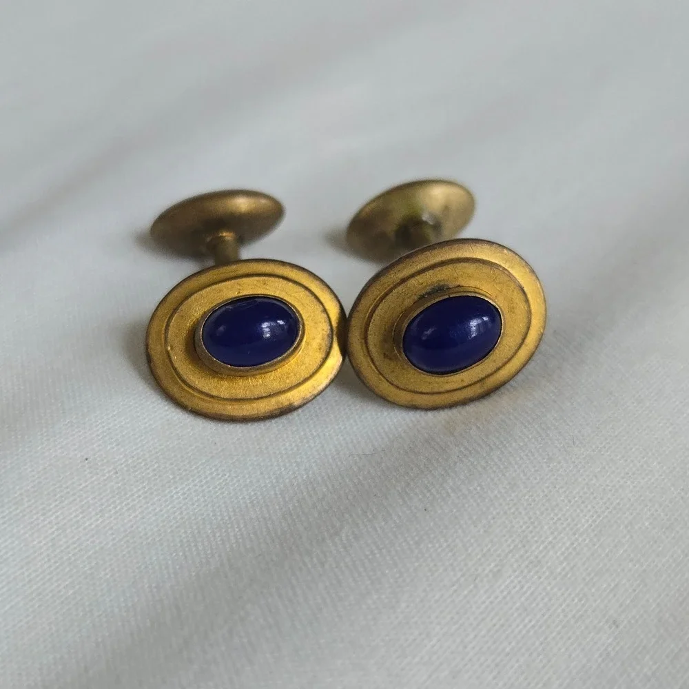 VTG Blue Glass Cabochon Cufflinks Mens Gold Oval Antique Art Deco USA‎ Unbranded